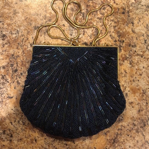 Handbags - Gold Chain Blue Purple Beaded Pouch Bag